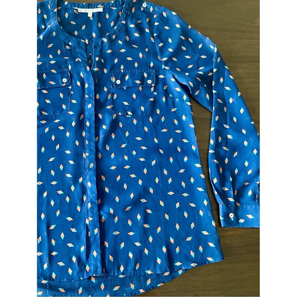 Daniel Rainn Sheer Navy Blouse with Orange & Teal Geo Print - Size Large